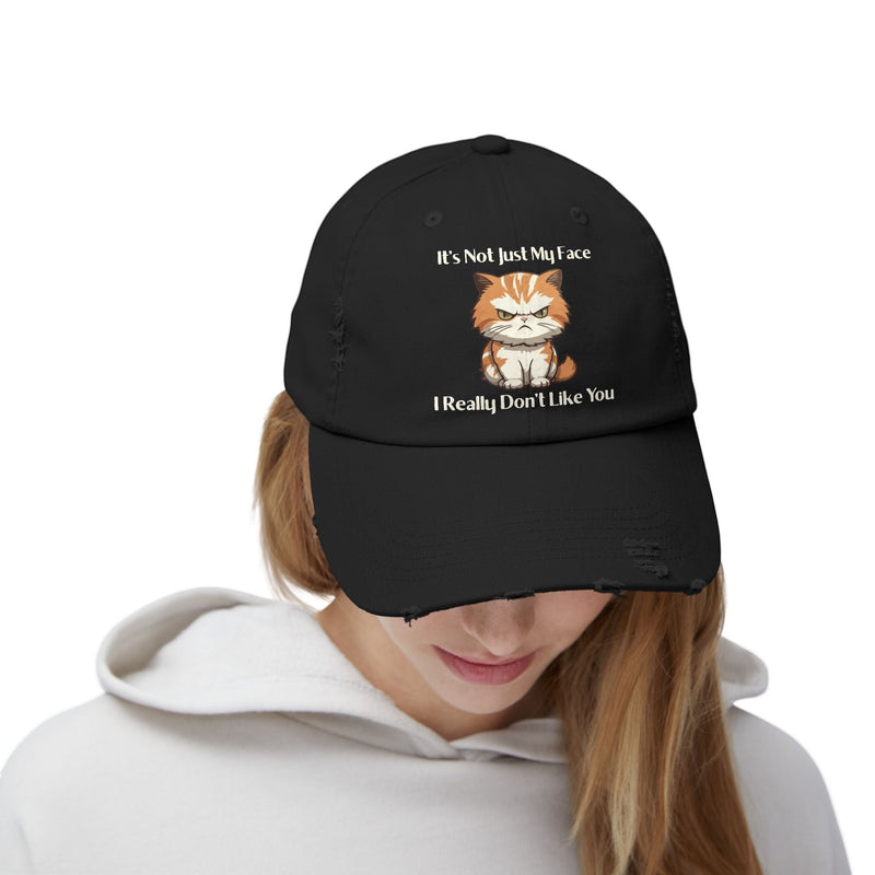Ironically Inked black distressed cotton cap featuring a grumpy orange cat graphic and funny text on a person