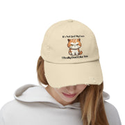 Ironically Inked distressed beige cotton cap featuring a grumpy orange kitten graphic and cheeky text on the front.