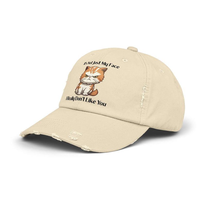 Ironically Inked distressed beige cotton twill cap featuring a grumpy orange kitten and funny text graphic