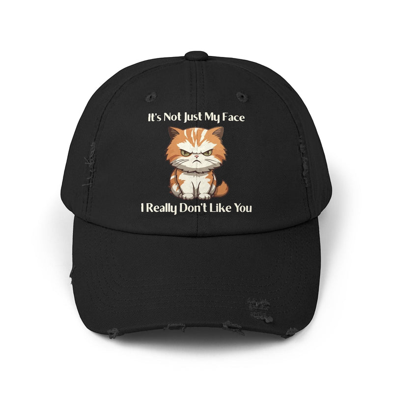 Ironically Inked black distressed cotton twill cap featuring a grumpy orange kitten graphic and funny text.