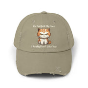 Ironically Inked distressed cotton twill cap in khaki featuring a grumpy orange kitten graphic and cheeky text.