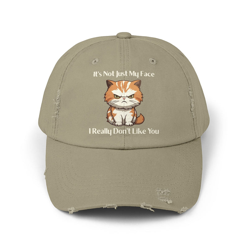 Ironically Inked distressed cotton twill cap in khaki featuring a grumpy orange kitten graphic and cheeky text.