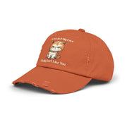 Ironically Inked distressed orange cotton twill cap featuring a grumpy cat graphic and funny text on the front.