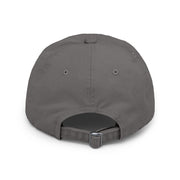 Back view of Ironically Inked grey distressed cotton twill cap with adjustable hideaway strap and metal D-ring.