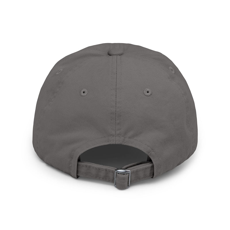 Back view of Ironically Inked grey distressed cotton twill cap with adjustable hideaway strap and metal D-ring.