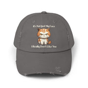 Ironically Inked grey distressed cotton twill cap featuring a grumpy orange kitten graphic and cheeky text.