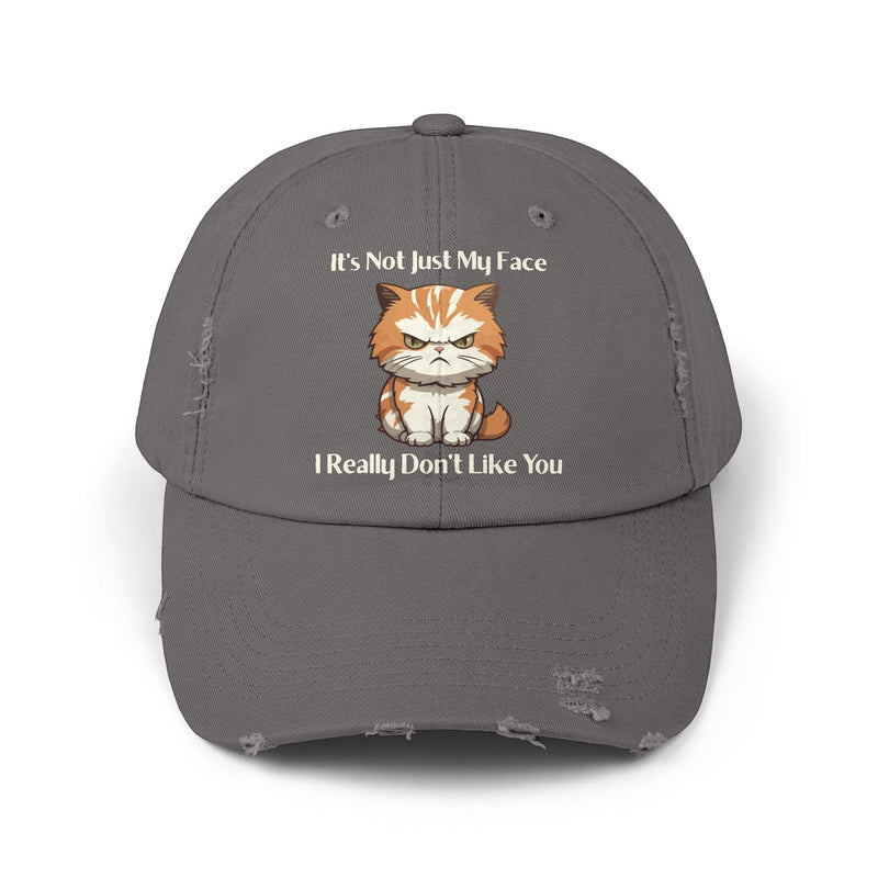 Ironically Inked grey distressed cotton twill cap featuring a grumpy orange kitten graphic and cheeky text.