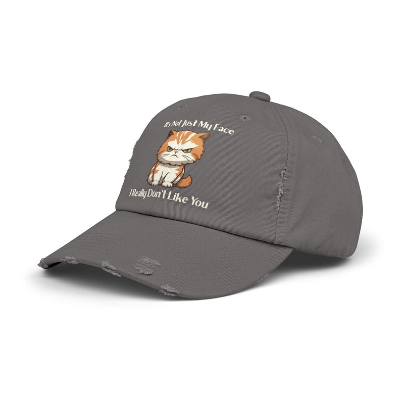 Ironically Inked grey distressed cotton twill cap featuring a grumpy orange kitten and funny text graphic.