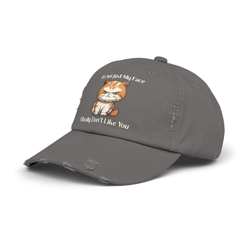 Ironically Inked grey distressed cotton twill cap featuring a grumpy orange kitten and funny text graphic.