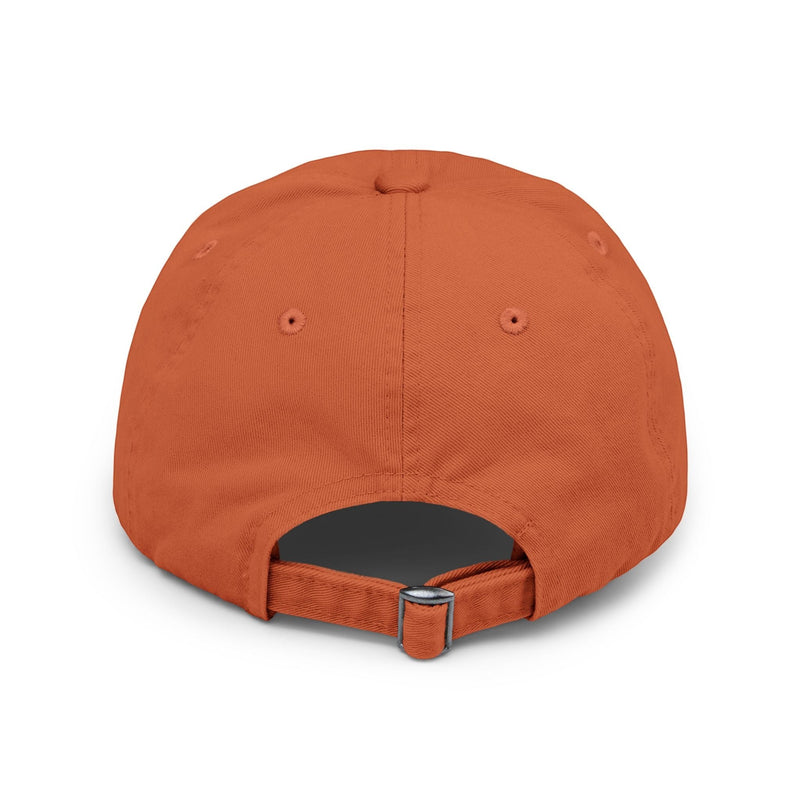 Ironically Inked orange distressed cotton twill cap, back view showing adjustable hideaway strap with metal D-ring.
