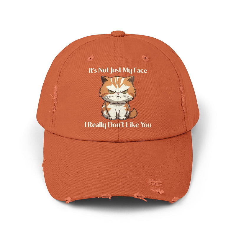 Ironically Inked orange distressed cotton twill cap featuring a grumpy kitten graphic and cheeky text on the front.