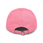 Ironically Inked pink distressed cotton twill cap, back view showing adjustable hideaway strap with metal D-ring slider