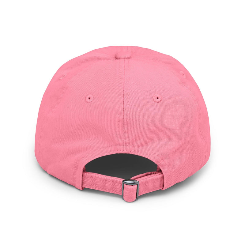 Ironically Inked pink distressed cotton twill cap, back view showing adjustable hideaway strap with metal D-ring slider