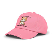 Ironically Inked pink distressed cotton twill cap featuring a grumpy orange kitten and funny text graphic