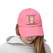 Ironically Inked pink distressed cotton cap featuring a grumpy orange kitten graphic and cheeky text on a woman