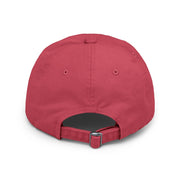 Back view of an Ironically Inked red distressed cotton twill cap with an adjustable hideaway strap and D-ring slider.