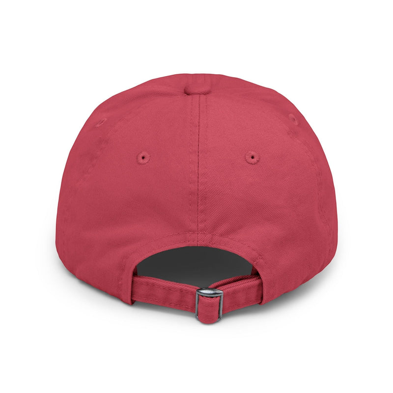 Back view of an Ironically Inked red distressed cotton twill cap with an adjustable hideaway strap and D-ring slider.